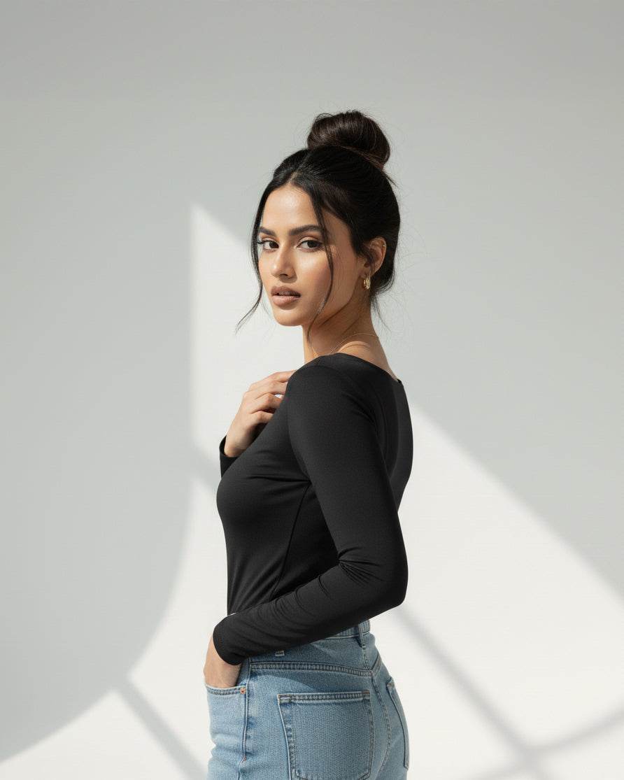 Long sleeves contouring top - black