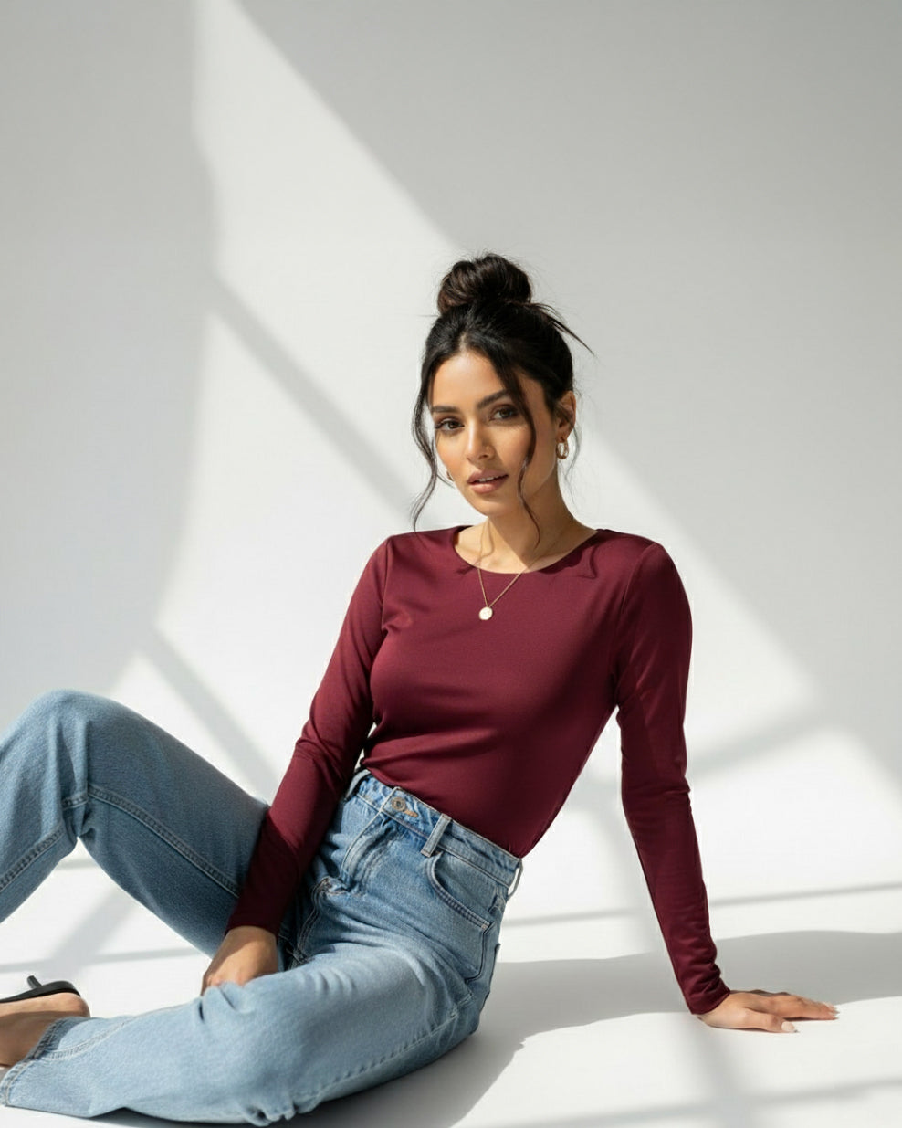 Long sleeves contouring top - burgundy