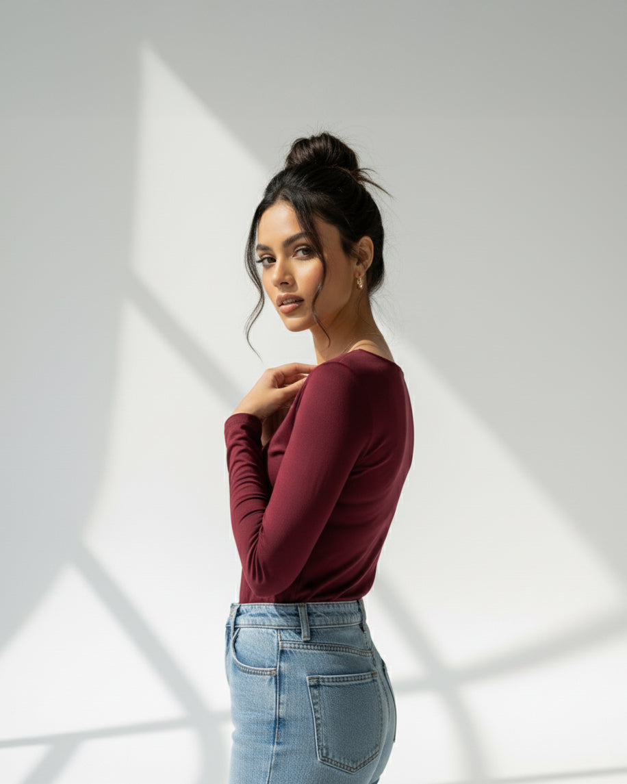 Long sleeves contouring top - burgundy