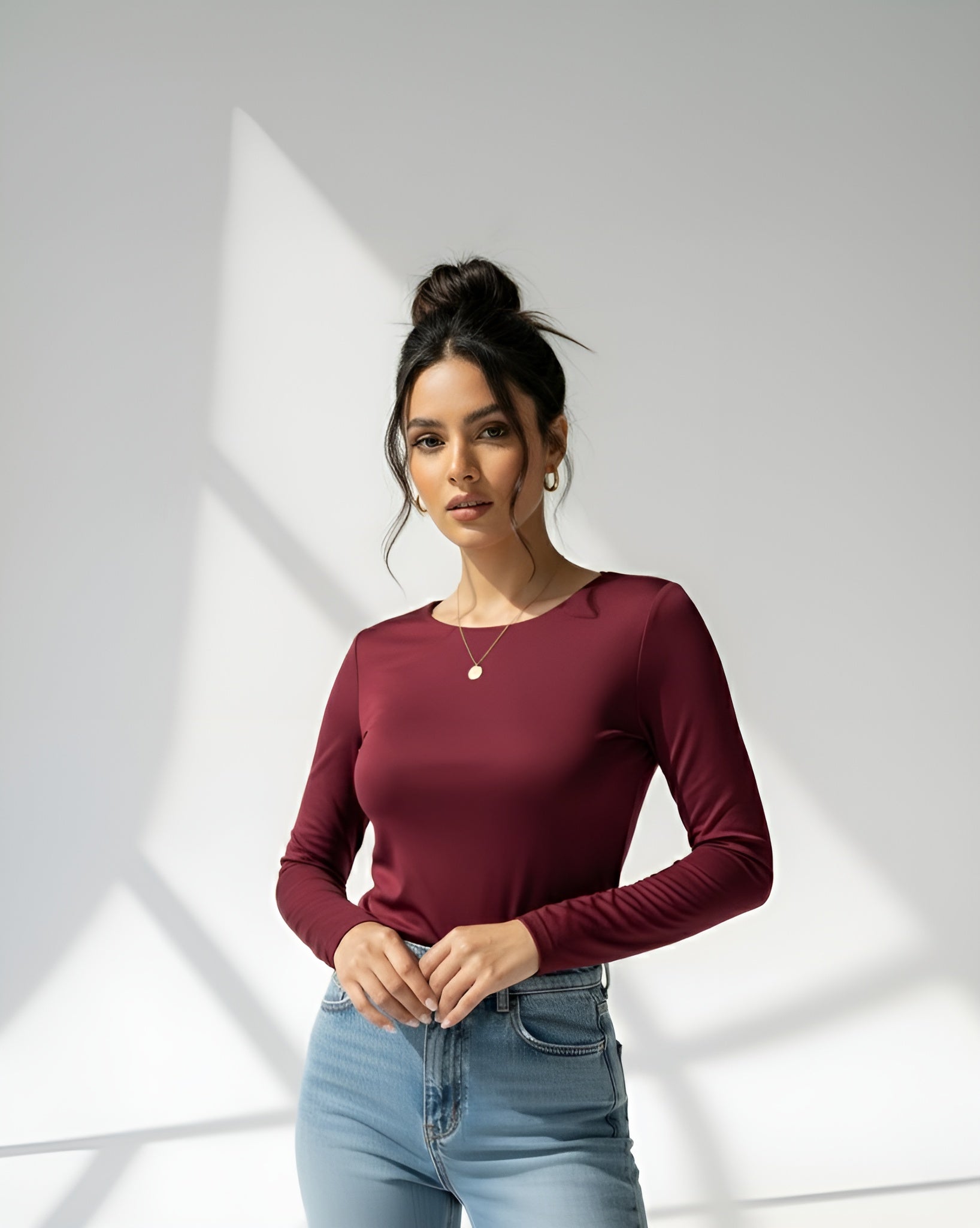 Long sleeves contouring top - burgundy